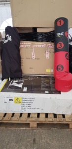 5 PIECE SPORTS LOT CONTAINING EVERLAST HEAVY DUTY BASKETBALL STAND , EVERLAST FREE STANDING STRIKE BAG , LONSDALE INFLATEABLE PUNCHING BAG , AND 2 X GARDEN TABLES ( PLEASE NOTE ALL CUSTOMER RETURNS )
