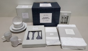4 X BRAND NEW JACK WILLS 25 PC NEW HOME STARTER SETS EACH COMPRISING :- BATH TOWEL, HAND TOWEL, 2 X TEA TOWELS, 8 PC CROCKERY SET, 8 PC CUTLERY SET & 4 X COOKING UTENSILS WITH CHOPPING BOARD - IN 4 CARTONS (EACH EBAY £60 - TOTAL £240)