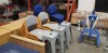 22 X ASSORTED CHAIRS IE. 8 GREY FABRIC, 10 BLUE FABRIC & 3 METAL BAR STOOLS