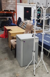 MISC LOT OF OFFICE EQUIPMENT IE. SQAURE TABLE WITH CHAIR, 3 DRAWER PEDESTAL, 3 DRAWER DEEP PEDESTAL, BEIGE ARMCHAIR, 4 X FIRE EXTINGUISHER STANDS, 2 X COAT STANDS & TEKNIX UNDER SHELF REFRIDGERATOR