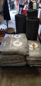 MISC GARDEN LOT CONSISTING OF 11 X 50 LITRE BIOBIZZ ALLMIX COMPOST PLUS 80 X BLACK PLANT POS (USED) WITH A LARGE QTY OF LIDS