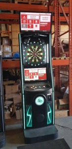 1 X VS PHOENIX S SOFT TIP DART ARCADE MACHINE - COMES WITH POWER LEAD, TOP SCREEN, OCHE, 6 DARTS, SPARE TIPS -NOTE APPEARS TO BE IN FULLY WORKING ORDER AS PER IMAGES - NO KEYS BUT FROM AUDIBLE INPSECTION MAY CONTAIN COINS OR TOKENS