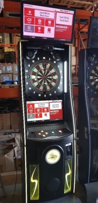 1 X VS PHOENIX S SOFT TIP DART ARCADE MACHINE - COMES WITH POWER LEAD, TOP SCREEN, OCHE, 6 DARTS, SPARE TIPS -NOTE APPEARS TO BE IN FULLY WORKING ORDER AS PER IMAGES - NO KEYS BUT FROM AUDIBLE INPSECTION MAY CONTAIN COINS OR TOKENS