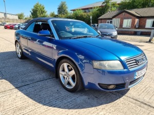 BLUE AUDI A4 SPORT CABRIOLET AUTO. Reg : DU53VZV Mileage : 72000 Details: ENGINE SIZE: 2393CC, 2 KEYS, WITH V5, MOT UNTIL 21/06/2023, CRUISE CONTROL, CLIMATE CONTROL, PLEASE NOTE THE WINDOWS DO NOT CLOSE AND THE ROOF DOES NOT OPERATE