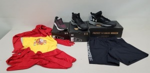 23 PIECE MIXED CLOTHING LOT CONTAINING UNDER ARMOUR TRAINERS, UNDER ARMOUR WOVEN SHORTS AND SPAIN MORPHSUITS