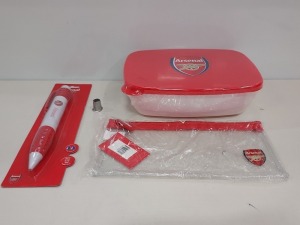 1100 X MIXED ARSENAL LOT CONTAINING 1000 X BRAND NEW ARSENAL CLEAR PENCIL CASE / 75 X BRAND NEW ARSENAL JUMBO PENS WITH RUBBER GRIP / 25 X BRAND NEW ARSENAL LUNCH BOX -HARD PLASTIC -- ALL COMES IN 9 BOXES