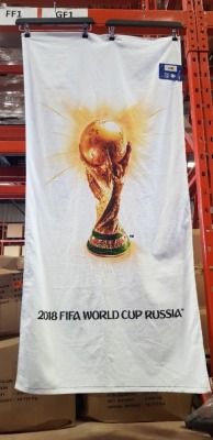 96 X BRAND NEW 2018 FIFA WORLD CUP RUSSIA BATH TOWEL - 140CM L AND 70CM W - 100% COTTON - COMES IN 4 BOXES