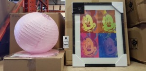 123 X MIXED LOT CONTAINING 108 X BRAND NEW DIFFUSALITE BALL LANTERNS IN PINK ( DIAMETER 35 CM - 14 INCH ) AND 15 X BRAND NEW DISNEY MICKEY MOUSE BLACK FRAME PICTURES - (40CM X 50 CM ) - COMES IN 17 BOXES