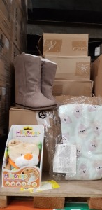 175+ MIXED LOT CONTAINING MILKYSNUGZ BABY BOTTLE COMPORTERS TEDDY STYLE , OWL FLEECY PYJAMA BOTTOMS ( AGED 5-6YRS ) THE CHILDRENS PLACE SHOES IN TAUPE ( COMES IN ALL DIFFERENT SIZES INCLUDING 4/5/6/7/8/9/10/11 ) -- PLEASE NOTE THIS IS HALF A BAY OF ST