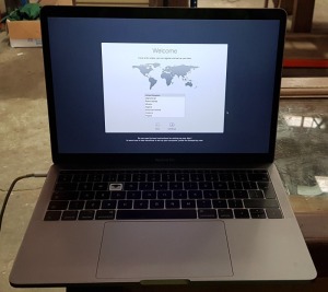 APPLE MACBOOK PRO LAPTOP WITH 13 SCREEN & 2 THUNDERBOLTS 3 PORTS, MODEL: A1708, SER NO. FVFWX1XXHV22, YEAR: 2017 WITH CHARGER - (NOTE: FACTORY RESET & FULLY OPERATIONAL ALTHOUGH 'E' KEY MISSING)