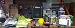 LARGE SELECTION OF MAINLY HARDWARE ITEMS ON A FULL SHELF IE. THOMPSONS STAINBLOCK, DULUX PAINT, POLYURETHANE SEALANT, RONSEAL FURNITURE STAIN, HARDHAT, EXTENSION CABLE REEL, HI-VIZ VESTS ETC.