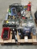 MIXED LOT OF TOOLS CONTAINING KOPE INDUSTRIAL DOUBLE ENDED GRINDER , MAKITA ANGLE GRINDER , STANLEY TRIGGER CLAMP , C CLAMPS , LARGE AMOUNT OF STAINLESS STEEL NUTS AND BRASS NUTS , CASTER WHEELS , ELECTRODES -E6013 , CAR LIFTING JACK ETC - ALL ON A PA