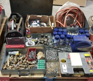 MIXED LOT OF TOOLS CONTAINING KOBE RETRACTABLE PU AIR AND WATER HOSE REEL , 10 + CANS OF PROFFESIONAL SPRAY PAINT , ARGON GAUGES , MAXON GAS VALVES , ASSORTED NUTS AND BOLTS , TOOL BAG , PLUMBERS SOLDERING MAT , METAL SHELF ETC - COMES ON A PALLET