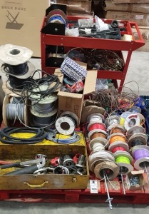 MIXED LOT CONTAININNG LARGE AMOUNT OF VARIOUS TYPES OF CABLES , TOOL TROLLEY CONTAINING PLUMPING EQUIPMENT , NUTS , PLASTIC FASTENERS , HYDRAULIC GREASE GUN WITH CASE ETC - COMES ON A PALLET AND TROLLEY