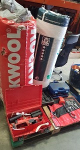 6 PIECE LOT CONTAINING KNAUF INSULATION WITH ECOSE , ROCKWOOL INSULATION , HILTI MD2000 MANUAL ADHEASIVE DISPENSER GUN , HILTI HAND PUMP CONES WITH VARIOUS ATTACHMENTS , NEILSEN CT 0441 SPANNER SET -( PLEASE NOTE NOT COMPLETE SET ) , XCALIBRE EN360 ,