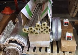 MIXED TOOL LOT CONTAINING H&V INSULATED PIPE SECTION ( 42MM CORE - 20MM WIDTH , CENTER CENTRAL HEATING CLEANER ( 1LITRE) - METAL DUCTING JOINER , LARGE FOILED INSULATION ETC - COMES ON 1 PALLET