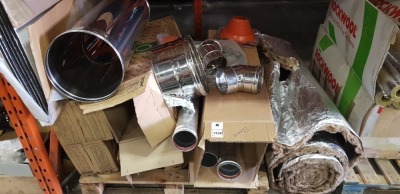 MIXED TOOL LOT CONTAINING DINAK STAINLESS STEEL DUCTS TO INCLUDE 45 DEGREE ELBOW , STRAIGHT LENGTH PIPE - VARIOUS FLAT PANNELED INSULATION , STANDARD MASTER FLASH SILICONE ETC - COMES ON 1 PALLET