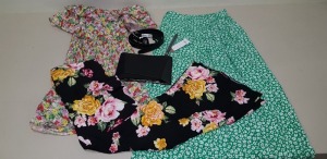 20 PIECE MIXED CLOTHING LOT CONTAINING MISS SELFRIDGE FLOWER DETAILED TROUSERS, BLACK FORTUNE FLAT SANDALS, DOROTHY PERKINS PURSE ETC