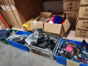 MISC LOT OF PPE / SAFETY / CLEANING GOODS IN 4 BOXES & 4 TRAYS IE. 10 PAIRS OF BLACKROCK / F & F SAFETY BOOTS, 3 X RESPIRATORS, HOUSEHOLD GLOVES, CLOSED FOR CLEANINIG SIGNS, WORK TROUSER, OVERALLS, MOP HEADS, GLASS CLEANER, SPILLAGE CLOTHES ETC.