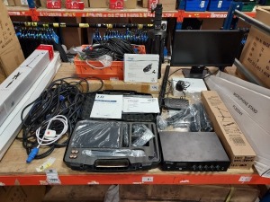 MISC LOT OF AUDIO EQUIPMENT ON 1/2 SHELF IE. ADASTRA DM40 AMPLIFIER, LD SYSTEMS WS1000(X) WIRELESS MICROPHONE SET, STAGG WIRELESS LAVALIER MICROPHONE SET, MICROPHONE STANDS & BOOM, LEADS & CABLES, VH45B WIRELESS MICROPHONE SYSTEM, DELL MONITOR ETC.