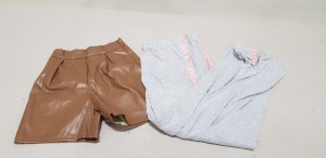 27 PIECE MIXED CLOTHING LOT CONTAINING 15 X DOROTHY PERKINS PYJAMA PANTS IN VARIOUS SIZES AND 12 X NAANAA PETITE FAUX LEATHER BERMUDA SHORTS IN TAN UK SIZE 6