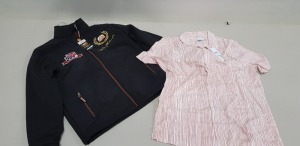 35 PIECE MIXED CLOTHING LOT CONTAINING 30 X TOPMAN PINK STRIPED SHIRTS SIZE XL AND 5 X OFFICAL MIKE HALEWOOD OFFICIAL PRODUCT JACKETS SIZE XS