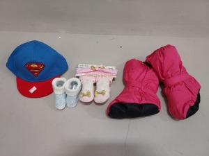 50 + PIECE MIXED KIDS CLOTHING LOT CONTAINING PADDED RABBIT SHOES, SUPERMAN CAPS, BABY BOOTIES AND BABY SOCK SHOES ETC