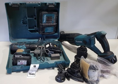 MIXED TOOL LOT IE. MAKITA 18V REPROCATING SAW DJR181, MAKITA 18V DRILL BL1830B WITH CHARGER & SPARE BATTERY