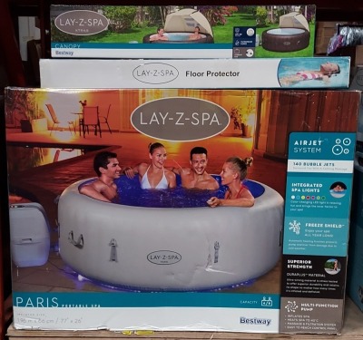 BRAND NEW BESTWAY PARIS LAY-Z-SPA PORTABLE SPA 140 BUBBLE JET SYSTEM, INTEGRATED SPA LIGHTS, FREEZE SHIELD & MULTI FUNCTIONAL PUMP-INFLATED SIZE 1.96 X 66 CM. ADDITIONAL ACCESSORIES : LAY-Z-SPA CANOPY & LAY-Z-SPA FLOOR PROTECTOR (NOTE: VAT NOT APPLICABLE