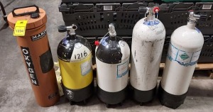 5 X MIXED BREATHING AIR CANISTER LOT CONTAINING CANARY DIVERS 232 BAR CANISTERS AND 1 X MARINOX BREATHING OXYGEN THERAPY UNIT