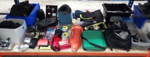 FULL BAY OF SCUBA EQUIPMENT I.E SCUBA BAGS, HATS, VALVES, MARKER BOIS, DIVE REALS AND GOGGLES ETC