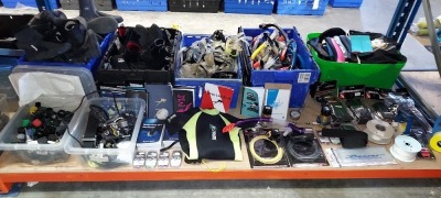 FULL BAY OF SCUBA EQUIPMENT I.E SCUBA SHOES/BOOTS, GOGGLES, SNORKLES, T-SIRTS, WET SUIT HATS, DIVING REELS, AN VARIOUS ATTACHMENTS ETC