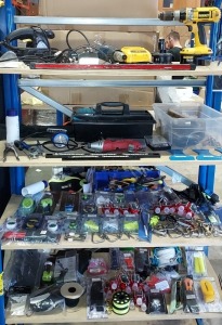 FOUR FULL SHELVES OF SCUBA EQUIPMENT I.E DE WALT DRIL, RYOBI HEAT GUN, DIVING EELS, CLIPS AND VARIOUS CUBA TOOL KIT AND CANARY SPIT ETC