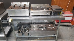 5 PIECE CATERING LOT CONTAINING 1 X BUFFALO TWIN TANK TWIN BASKET COUNTER TOP FRYER (2 X 5LTR) SN: FC257 , 1 X NISBETS ESSENTIALS STEEL PLATE COUNTERTOP GRIDDLE (SN:DA397) , 1 X BUFFALO BISTRO RIBBED CONTACT GRILL (SN: CD474-02) 1 X LINCAT 6 PIECE BAIN 