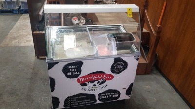 TEFCOLD (IC300SCE) CANOPY SLIDING LID SLOPING DISPLAY CHEST FREEZER - ICECREAM CHEST - COMES WITH SPOONS AND SPATULAS (NOTE UNIT IS CURRENTLY ON AND CONTENTS FROZEN)