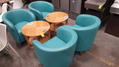 6 PIECE LOT CONTAINING 2 X WOODEN ROUND 2 TIER TABLES (60CM HEIGHT ) AND 4 X SINGLE CUSHIONED SOFA CHAIRS