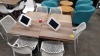 10 PIECE LOT CONTAINING 4 X RECTANGULAR WOODEN TABLES - 70CM (L) X 53CM (W) X 75CM (H) NOTE: 2 TABLES COME WITH TABLETS CONNECTED TO TABLE TOPS AND 6 PLASTIC CHAIRS PLUS VARIOUS GLASSES AND GLASS CUPS