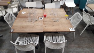 10 PIECE LOT CONTAINING 4 X RECTANGULAR WOODEN TABLES -70CM (L) X 53CM (W) X 75CM (H) AND 6 PLASTIC CHAIRS PLUS VARIOUS GLASSES AND GLASS CUPS