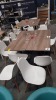 13 PIECE LOT CONTAINING 4 X RECTANGULAR WOODEN TABLES 70CM (L) X 53CM (W) X 75CM (H) - 1 TABLE WITH TABLET AND 9 PLASTIC CHAIRS PLUS VARIOUS GLASSES AND GLASS CUPS