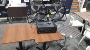 8 PIECE MIXED LOT CONTAINING 3 X ROUND METAL TABLES - 70CM (H), 2 X RECTANGLE WOODEN EFFECT TABLES - 70CM (L) X 53CM (W) X 75CM (H) , 2 X SEALEY FANS (HVF20) INDUSTRIAL FANS & EPSON ET-2650) PRINTER