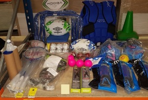 50 PIECE MIXED SPORTS LOT CONTAINING BADMINTON RACKETS , MITRE SHIN GUARDS , UMBRO RUGBY BALLS , ARESSON ROUNDERS BALLS , SWIMMING FLOATS , HURDELS , RESISTANCE BAND LOOP WEIGHTED VESTS , CONES ETC