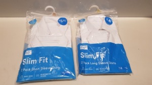 80 X BRAND NEW F&F SLIM FIT BOYS WHITE SHIRTS ALL IN VARIOUS SIZES AND SLEEVE LENGTHS ( IN 4 TRAYS NOT INCLUDED )