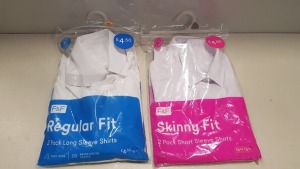 70 X BRAND NEW F&F SHIRTS TO INCLUDE BOYS/GIRLS SKINNY FIT / REGULAR FIT AND GIRLS PLUS FIT ALL IN WHITE ALL IN VARIOUS QUANTITIES /SIZES AND SLEEVE LENGTHS