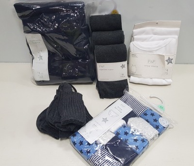 100 PIECE CLOTHES LOT TO INCLUDE F&F SUPERSOFT TIGHTS IN GREY , F&F BOYS VESTS , F&F ANKLE SOCKS IN GREY , F&F BOYS BRIEFS , F&F GIRLS CAMI VESTS ETC - ALL IN VARIOUS SIZES AND COLOURS ( IN 5 TRAYS NOT INCLUDED )