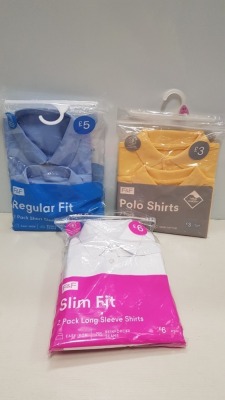 60 PIECE F&F LOT CONTAINING 40 X BRAND NEW F&F SLIM FIT GIRLS SHIRTS IN VARIOUS SIZES AND 20 X MIXES BOYS POLO SHIRTS CONTAINING WHITE/YELLOW BLUE POLO SHIRTS IN VARIOUS SIZES ( IN 3 TRAYS NOT INCLUDED )