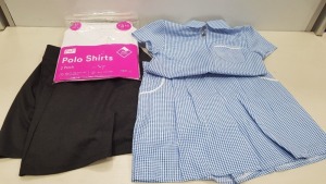 50 PIECE BRAND NEW ASSORTED CLOTHES LOT TO INCLUDE GIRLS PINAFORES IN BLUE AND YELLOW IN VARIOUS SIZES , GIRLS F&F POLO SHIRTS , SCHOOL SKIRTS IN GREY ETC - SOME MAGNETIC STORE SECURITY TAGS AFFIXED ( IN 1 TRAY NOT INCLUDED )