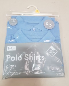 80 X BRAND NEW F&F BOYS POLO SHIRTS PACKS OF 2 ALL IN BLUE IN VARIOUS SIZES ( IN 4 TRAYS NOT INCLUDED )