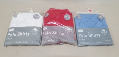 80 X BRAND NEW F&F BOYS POLO SHIRTS PACKS OF 2 ALL IN VARIOUS COLOURS TO INCLUDE WHITE /BLUE/ RED ALL IIN VARIOUS SIZES ( IN 4 TRAYS NOT INCLUDED )