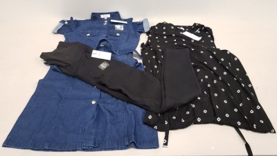 19 PIECE MIXED DOROTHY PERKINS LOT TO INCLUDE, MATERNITY DRESSES SIZE UK 6, MATERNITY JEANS SIZE UK 6 AND DOROTHY PERKINS PETITE DENIM JUMPSUITS SIZE UK 4.