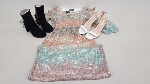 23 PIECE MIXED LOT INCLUDING, DOROTHY PERKINS SEQUIN DRESSES SIZE UK 6, DOROTHY PERKINS HEELED SANDALS SIZE UK 8 AND TOPSHOP BLACK SINDY HEELED SANDALS SIZE UK 6